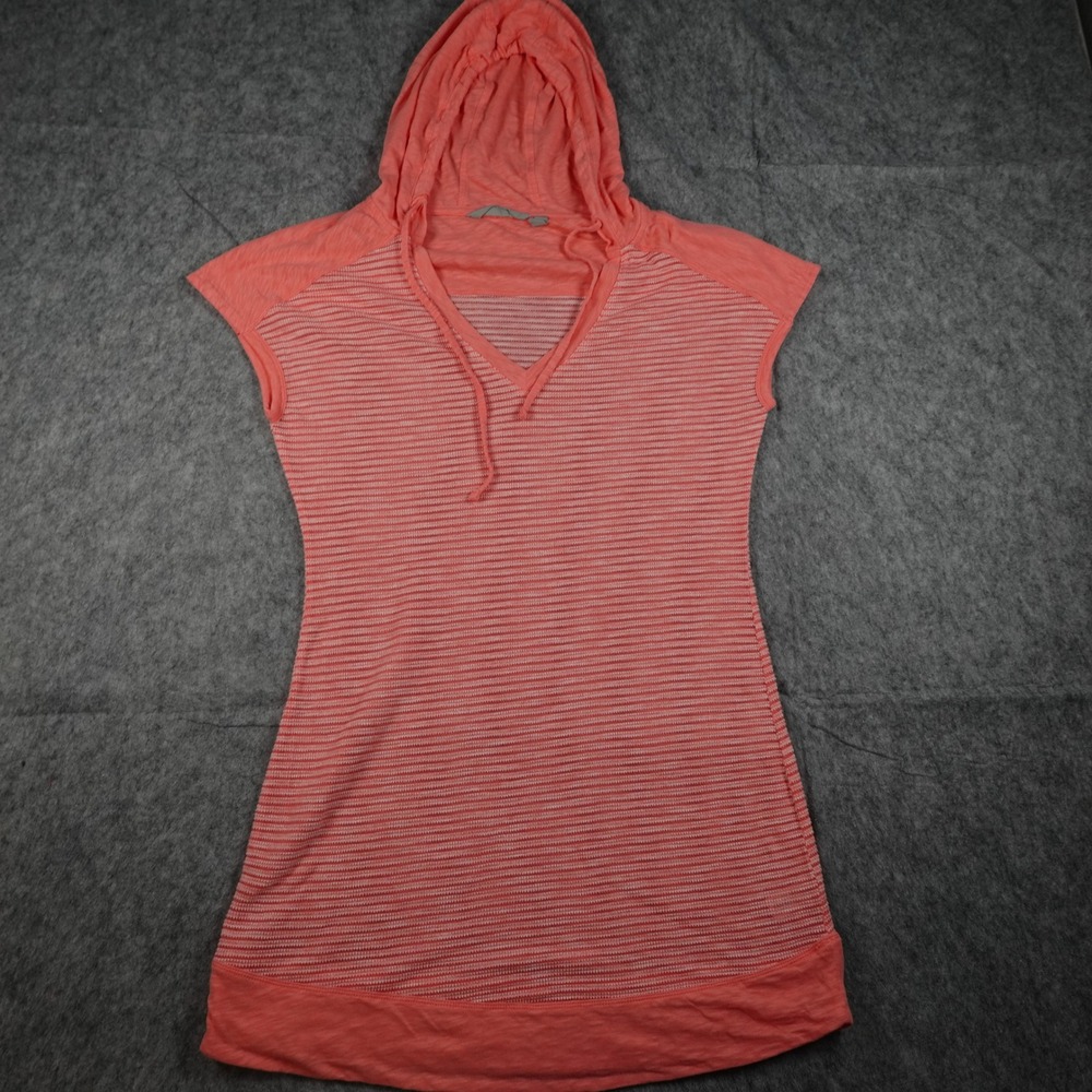 Athleta‎ Top Women Medium Orange Striped Hooded V Neck Short Sleeve Tunic
